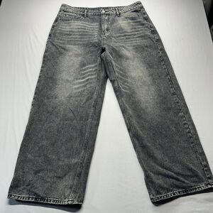 Manfinity Mens Wide Leg Jeans Faded Black Denim Streetwear Size XL Relaxed Fit